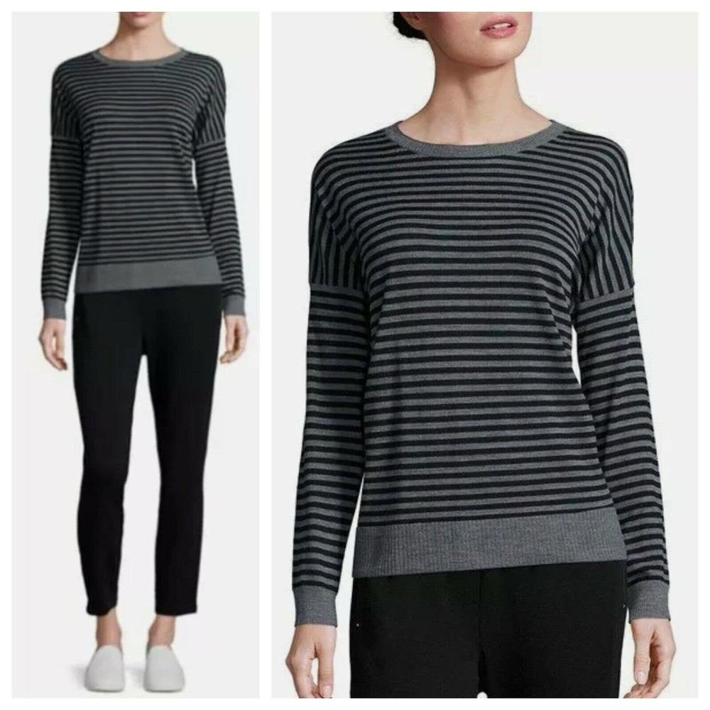 Eileen Fisher Black Ash Striped Merino Wool Box Top Sweater